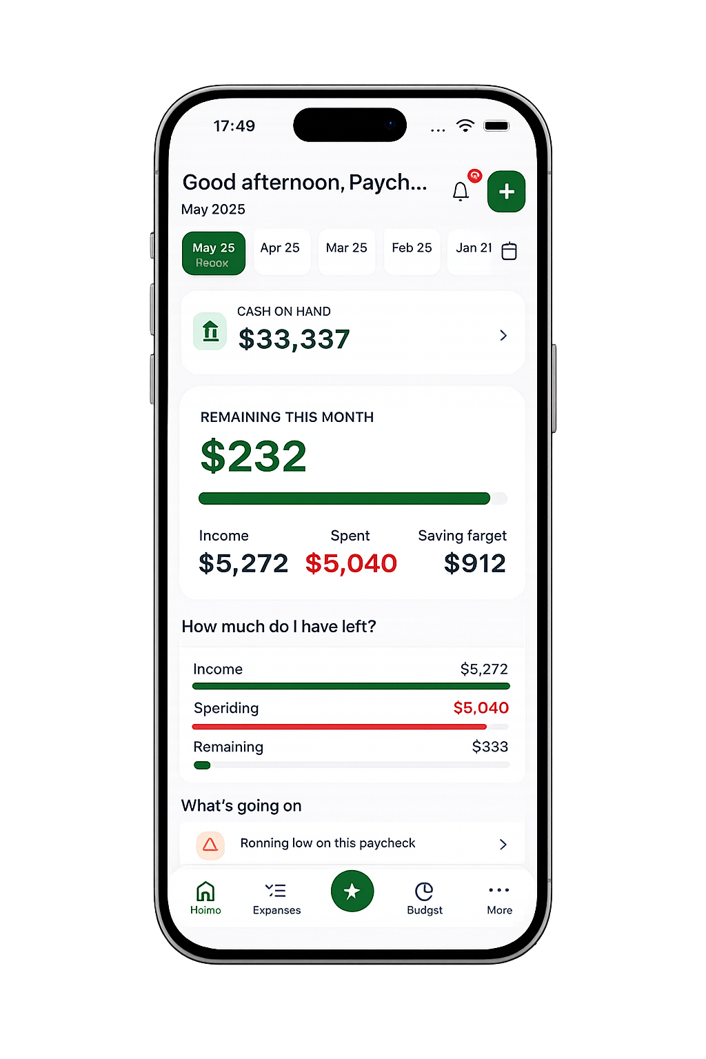 Paycheck app screens showing spending insights and financial coaching